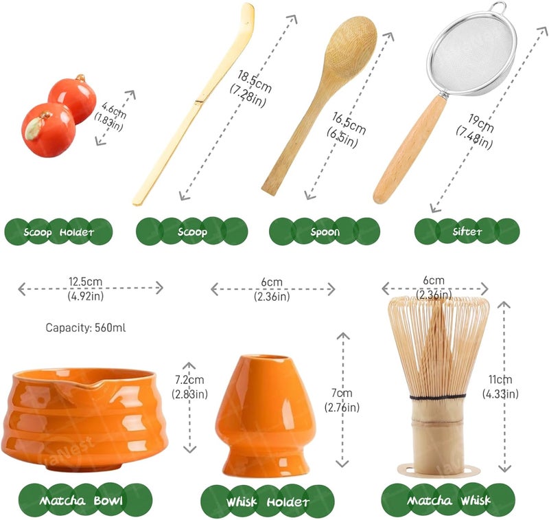 JavaNest 7-Piece Matcha Tea Set with Gift Card – 120-Prong Bamboo Whisk, Ceramic Bowl with Spout, Whisk Holder, Scoop, Spoon, Strainer & Scoop Holder – Ideal Gift for Matcha Lovers (Orange) - Image 2
